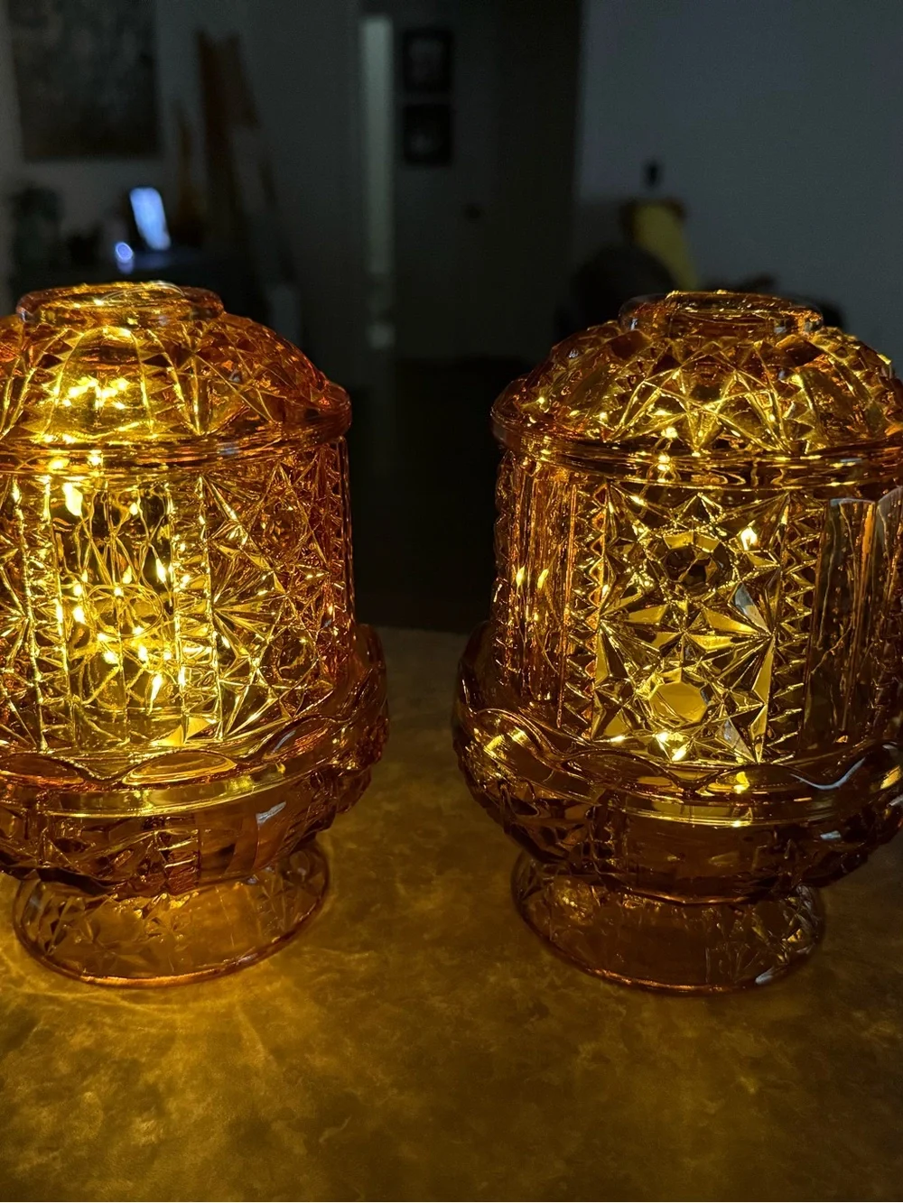 2 Vintage Indiana Glass Stars And Bars Fairy Lamp Candle Tea Light Holder Amber